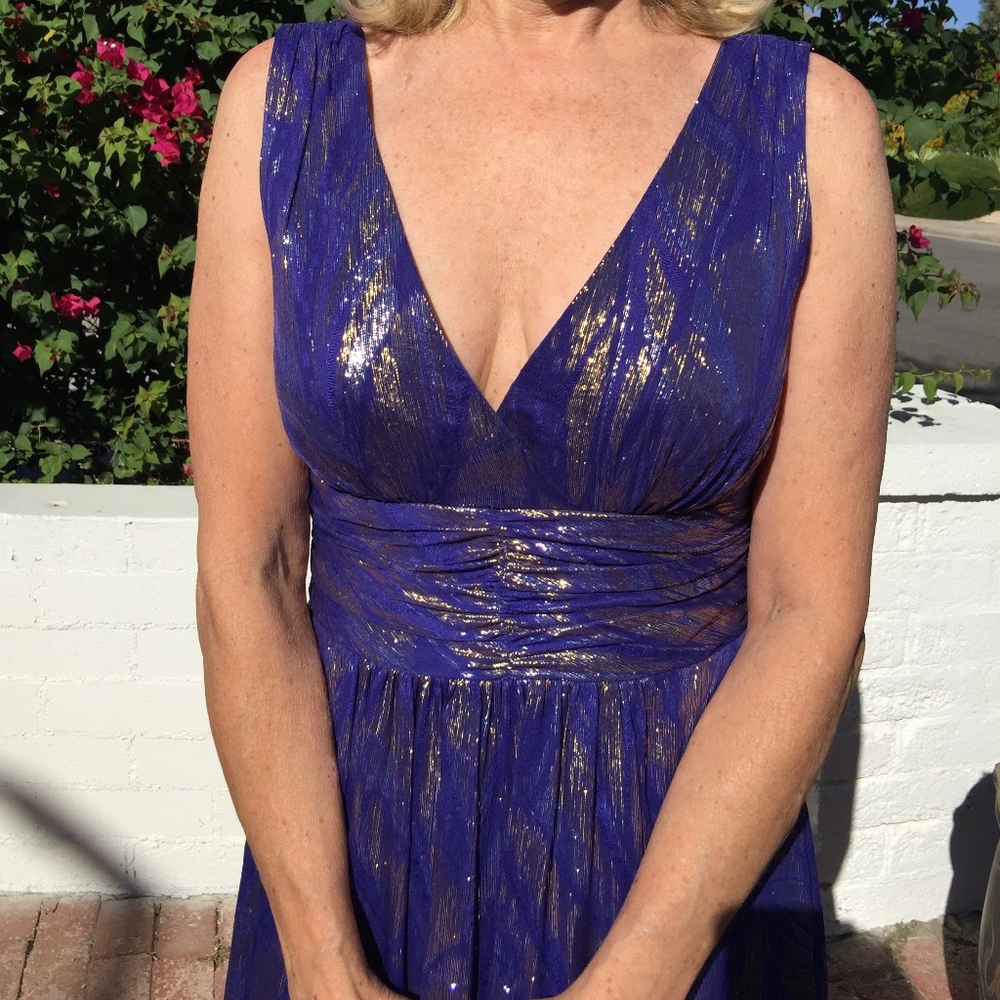Elegant Deep Blue Metallic V-Neck Evening Dress